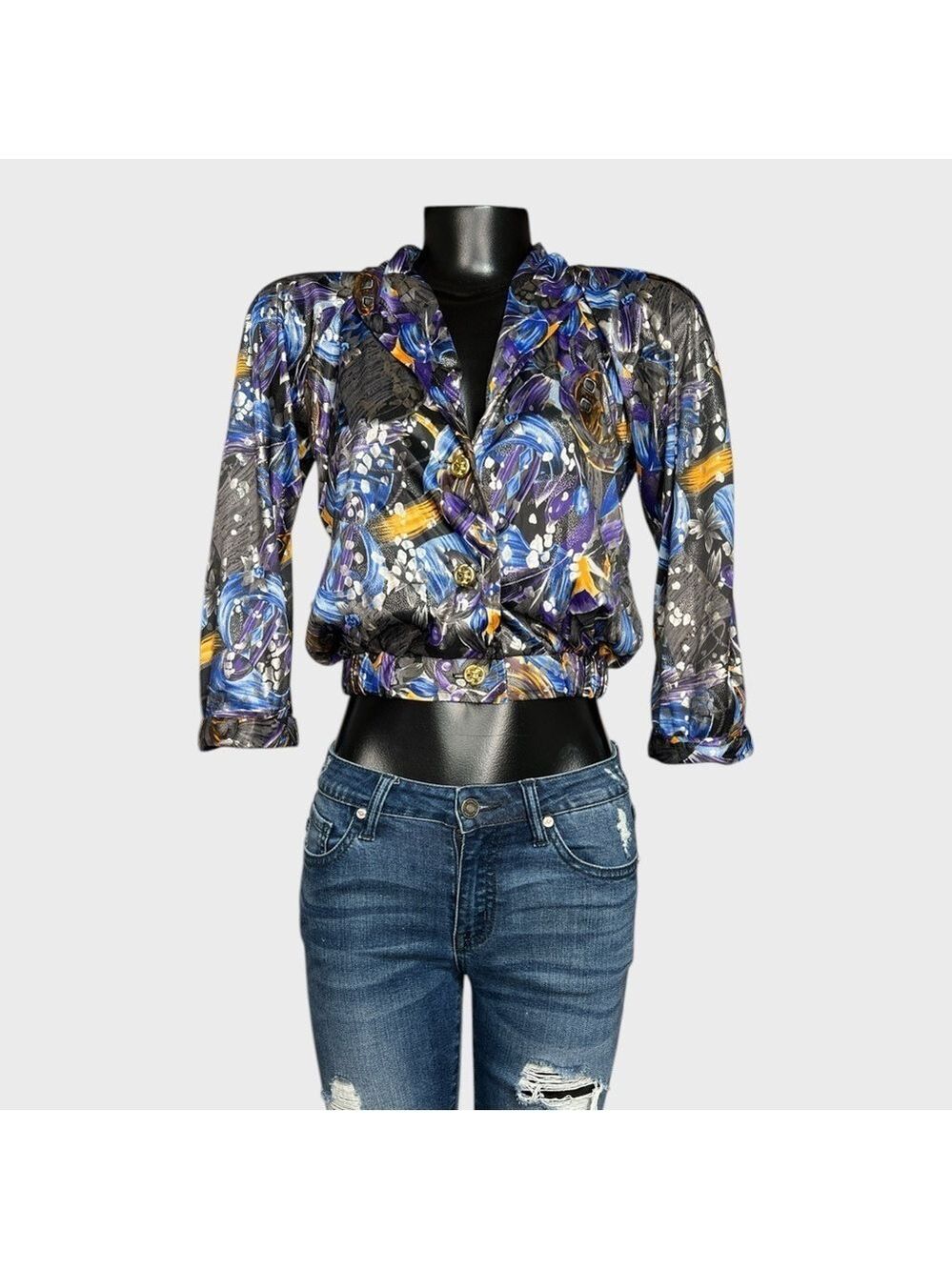 Vintage 80s Crop Top Blouse Medium 3/4 Sleeve Chunky Button Dopamine Pockets